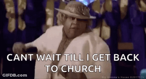 A Woman In A White Coat And Hat Is Dancing In A Church And Says `` Cant Wait Till I Get Back To Church '' . GIF