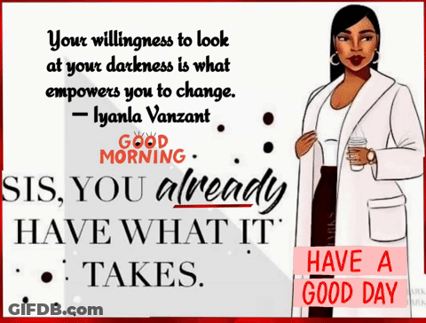 A Woman In A White Coat Is Holding A Cup Of Coffee And A Good Morning Message GIF