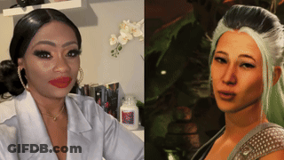 A Woman In A White Coat Is Next To Another Woman With Green Hair GIF