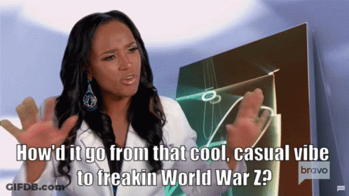 A Woman In A White Coat Says How 'D It Go From That Cool Casual Vibe To Freakin World War Z ? GIF