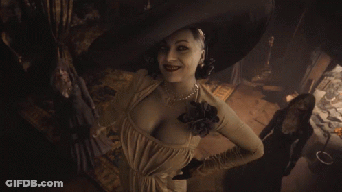 A Woman In A White Dress And A Black Hat Is Standing In A Dark Room GIF