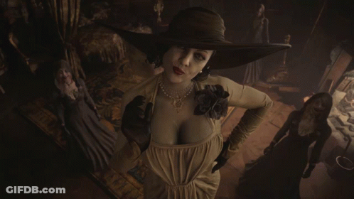 A Woman In A White Dress And Hat Is Standing In A Room With Other Women GIF
