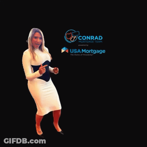 A Woman In A White Dress Dancing In Front Of A Black Background That Says Happy Closing Day GIF