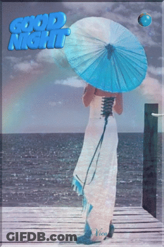 A Woman In A White Dress Holding A Blue Umbrella With The Words Good Night Written Above Her GIF