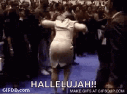 A Woman In A White Dress Is Dancing In Front Of A Crowd With The Words Hallelujah On The Bottom . GIF