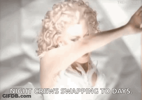 A Woman In A White Dress Is Dancing With The Words Night Crews Swapping To Days Written Below Her . GIF
