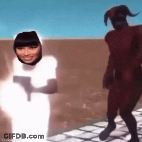 Woman In White Dress Holding Gun Next To Horned Man GIF