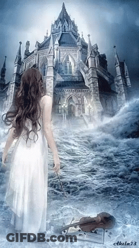 A Woman In A White Dress Is Holding A Violin In Front Of A Large Building GIF