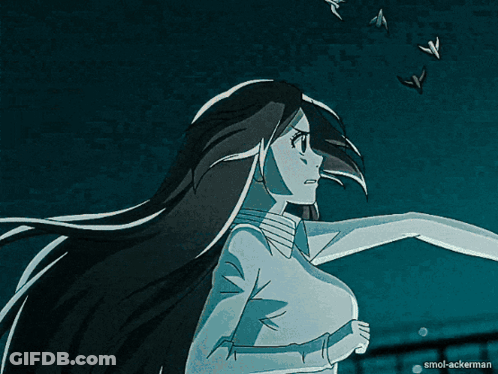 A Woman In A White Dress Is Standing In Front Of A Circle Of Light With Smol-Ackerman Written On The Bottom Right GIF