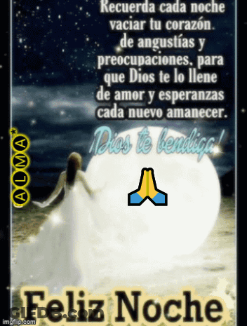 A Woman In A White Dress Is Standing In Front Of A Full Moon With A Feliz Noche Message GIF