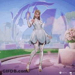 A Woman In A White Dress Is Standing In Front Of A Purple Background . GIF