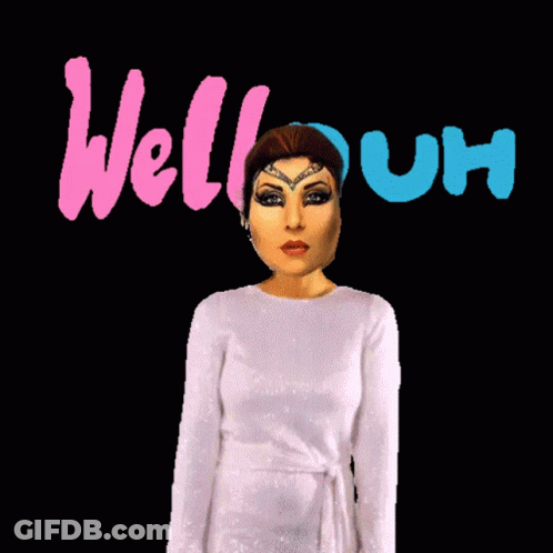 A Woman In A White Dress Is Standing In Front Of The Words Well Duh GIF