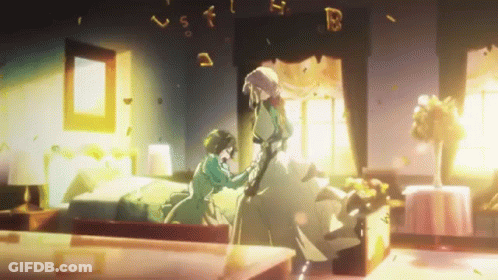 A Woman In A White Dress Is Standing Next To A Boy In A Bedroom . GIF