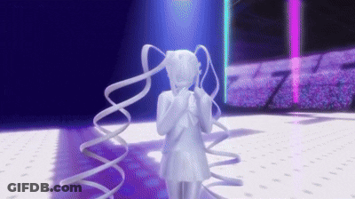A Woman In A White Dress Is Standing On A Stage With A Ribbon Around Her Head . GIF