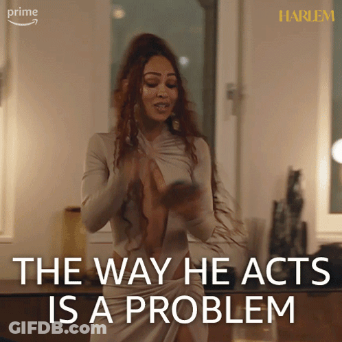 A Woman In A White Dress Says The Way He Acts Is A Problem While Looking At Her Phone GIF