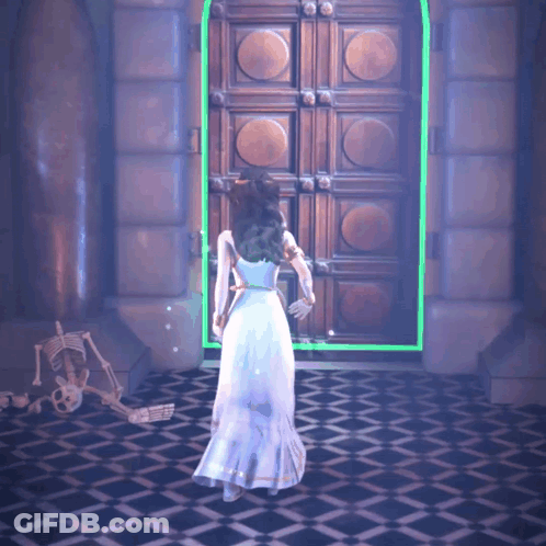 A Woman In A White Dress Standing In Front Of A Door GIF