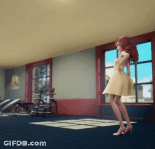 A Woman In A White Dress Stands In A Gym GIF