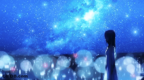 A Woman In A White Dress Stands In Front Of A Starry Sky GIF