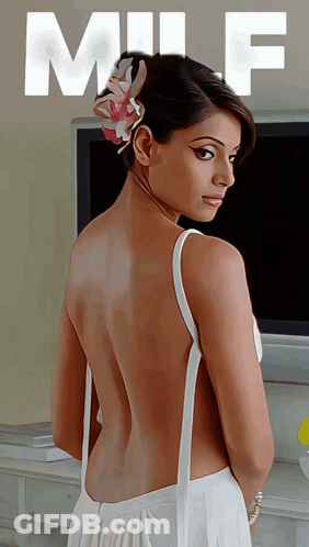 A Woman In A White Dress With A Flower In Her Hair Stands In Front Of A Tv With The Word Milf On The Bottom GIF