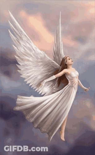 A Woman In A White Dress With Angel Wings Is Flying Through The Air GIF