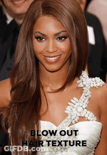 A Woman In A White Dress With Blow Out Hair Texture Written On The Bottom GIF