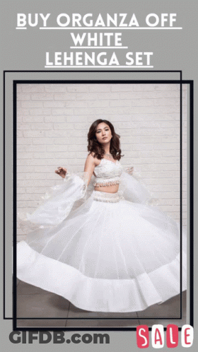 A Woman In A White Dress With The Words Buy Organza Off White Lehenga Set GIF