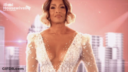 A Woman In A White Dress With The Words Real Housewives Out Of Context Above Her GIF