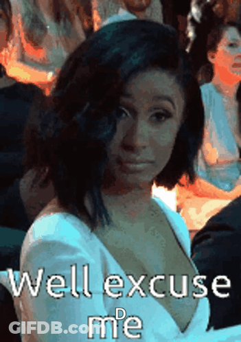 A Woman In A White Dress With The Words Well Excuse Me On The Bottom GIF