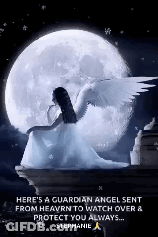 A Woman In A White Dress With Wings Is Sitting On A Ledge In Front Of A Full Moon . GIF