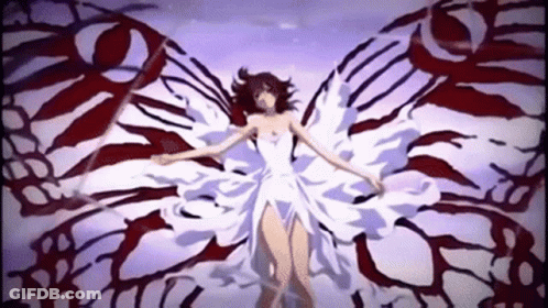 A Woman In A White Dress With Wings Is Surrounded By Red And Black Wings GIF