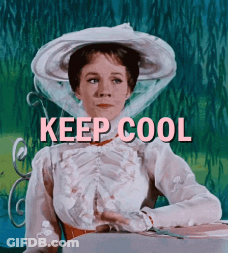 A Woman In A White Hat Is Sitting At A Table With The Words " Keep Cool " Written Above Her GIF