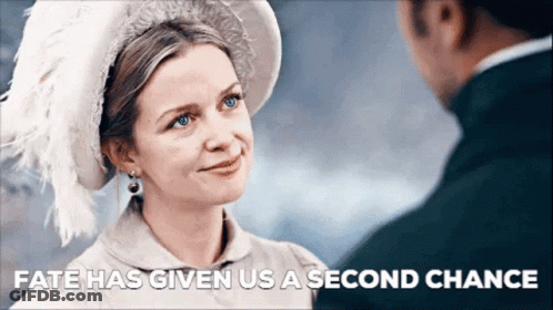 A Woman In A White Hat Is Smiling At A Man With The Words Fate Has Given Us A Second Chance Above Her . GIF