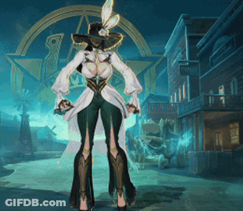 A Woman In A White Hat Is Standing In Front Of A Building That Says ' Tavern ' GIF