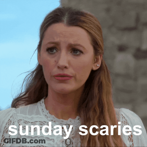 A Woman In A White Lace Top With The Words Sunday Scaries Written Below Her GIF