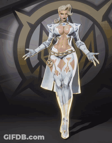 A Woman In A White Outfit Is Standing In Front Of A Circle GIF