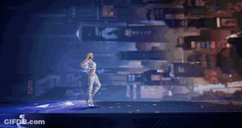 A Woman In A White Outfit Is Standing On A Stage In Front Of A Sign That Says ' Oplus ' GIF