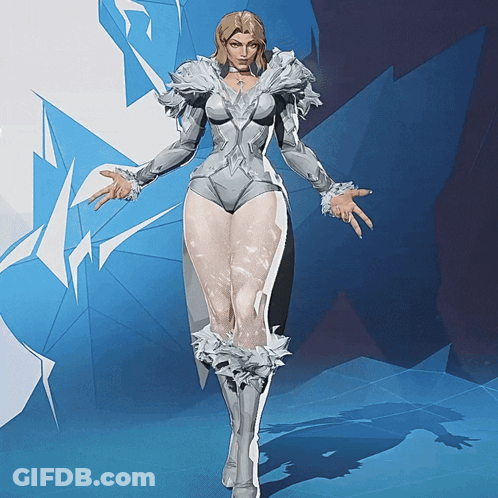 A Woman In A White Outfit Stands In Front Of A Blue And White Background GIF