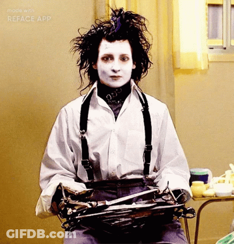 A Woman In A White Shirt And Suspenders Is Holding A Pair Of Scissors Made By Reface App GIF