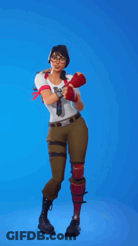 A Woman In A White Shirt And Tie Is Standing On One Leg With Her Fist In The Air GIF