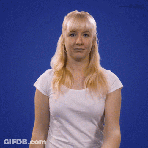 A Woman In A White Shirt Is Standing In Front Of A Blue Background That Says " Enew " GIF