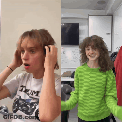 A Woman In A White Shirt With The Word Tum On It Adjusts Her Hair GIF