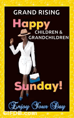 A Woman In A White Suit And Hat Is Holding A Purse On A Sunday Greeting Card . GIF