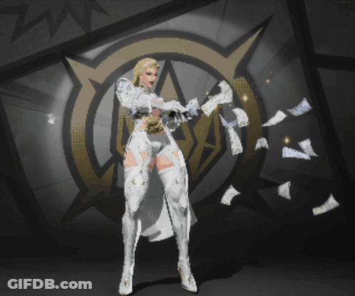 A Woman In A White Suit Is Standing In Front Of A Shield GIF