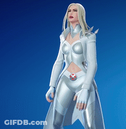 A Woman In A White Superhero Outfit Is Standing In Front Of A Blue Background GIF