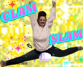 A Woman In A White Sweater Is Jumping In The Air With The Words Clam Slam Behind Her GIF