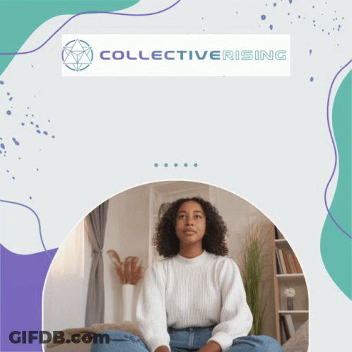 A Woman In A White Sweater Sits On A Couch With A Collectiverising Logo Above Her GIF