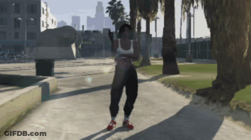 A Woman In A White Tank Top And Black Pants Is Standing On A Sidewalk GIF