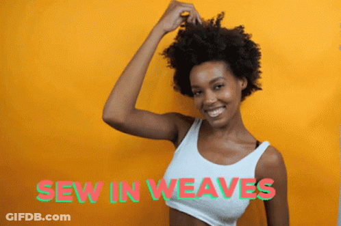 A Woman In A White Tank Top Is Smiling And The Words Sew In Weaves Are Behind Her GIF