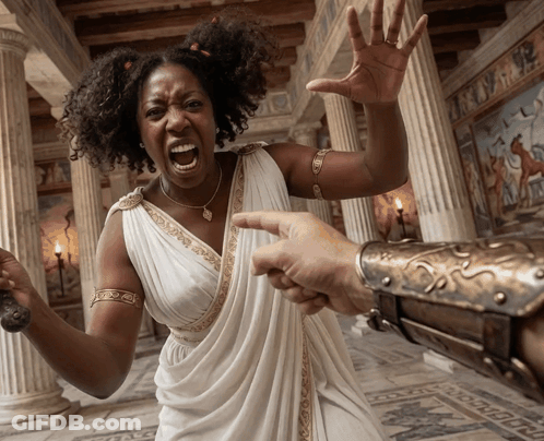 A Woman In A White Toga Is Screaming And Pointing At A Man GIF