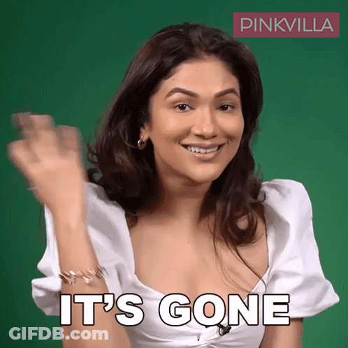 A Woman In A White Top Says It 'S Gone In Front Of A Green Background GIF